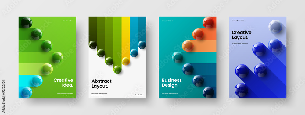 Premium 3D spheres corporate identity illustration bundle. Simple cover A4 vector design layout set.