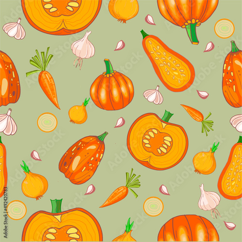 Seamless texture autumn harvest with pumpkins, acorns, autumn leaves, berries, hand drawn, vector, pattern