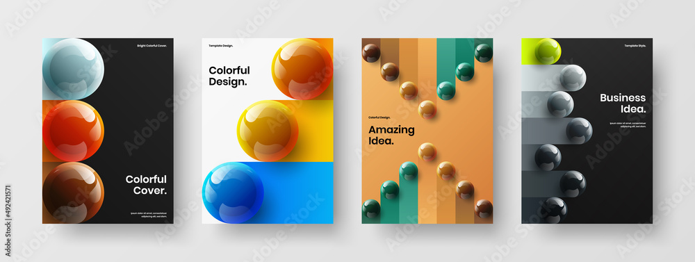 Bright 3D balls postcard template set. Isolated presentation A4 design vector illustration bundle.