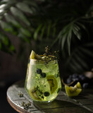 Refreshing summer cocktail with kiwi,blueberries and fresh thyme and palm leaves.Close up of juicy cocktail.
