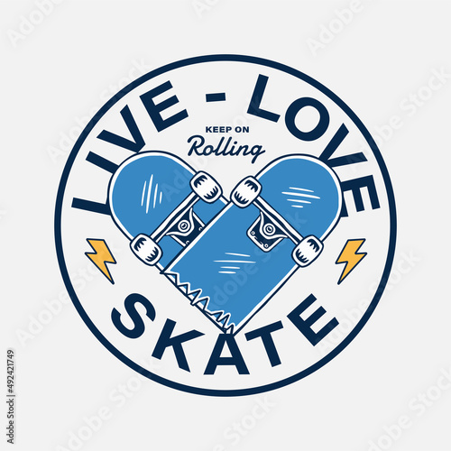 Skateboard vector illustrations with cool slogans for t-shirt print and other uses. Live, Love, Skate.