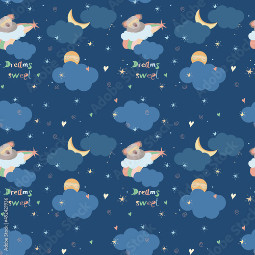 Koala pattern. Sleeping koala in the night sky, blue clouds, moon and moon.Print for children clothing