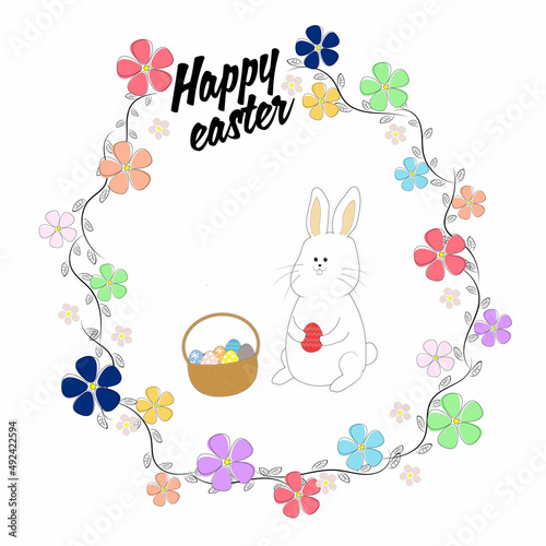 happy easter day greeting card with bunny and eggs basket. white background