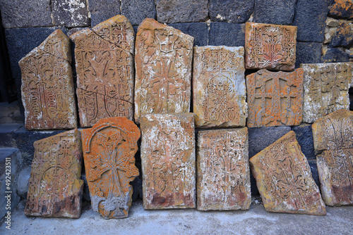 Ancient khachkars near the Sevanavank (Sevanavank Monastery) in Armenia photo