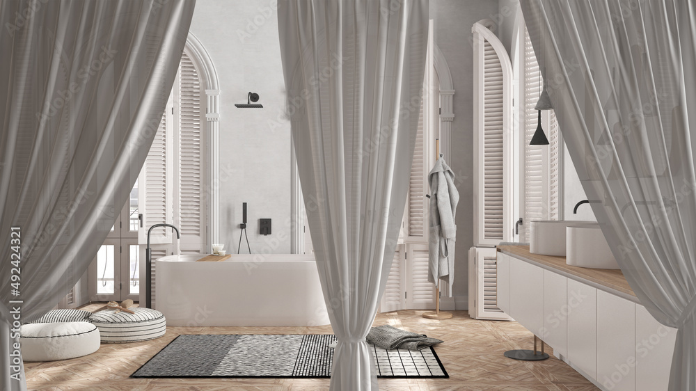 Obraz premium White openings curtains overlay minimalist bathroom, interior design background, front view, clipping path, vertical folds, soft tulle textile texture, stage concept with copy space