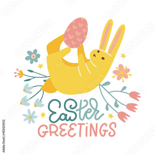 Easter bunny for greeting card or banner. Rabbit playing with colored egg isolated on white background. Poster template with lettering quote and cute adorable animal for kids. Vector illustration