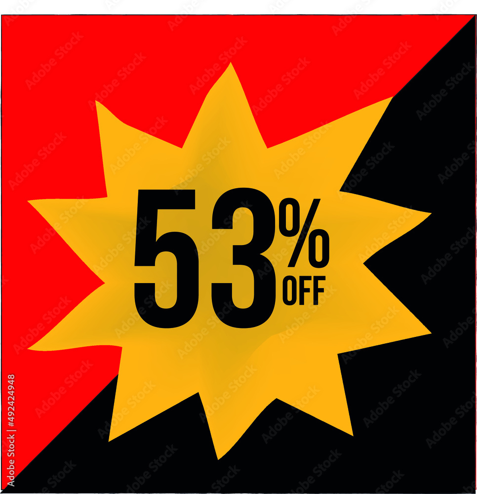 53% off limited special offer. Banner with fifty three percent discount on a yellow star shaped balloon with red and black background 53% off limited special offer. Banner with fifty three percent discount on a yellow star shaped balloon with red and black background