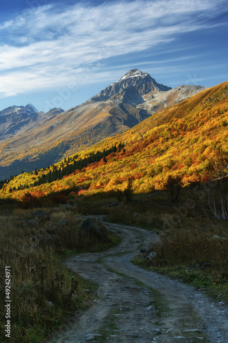 Autumn in Dombay mountains and lonely road. Russia. Caucasus. October 2019.
