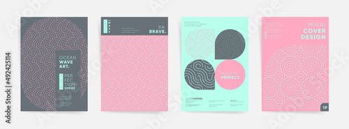 Geometric asian design template set. Japanese wavy graphic layouts bundle  for poster, brochure, book cover, flyer, catalog, notebook, vertical background. Decorative fashion pattern collection.