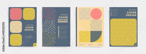 Geometric asian design template set. Japanese wavy graphic layouts bundle  for poster, brochure, book cover, flyer, catalog, notebook, vertical background. Decorative fashion bauhaus geometry kit.