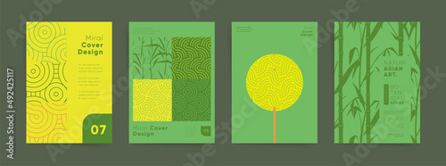 Geometric asian design template set. Japanese bamboo wavy graphic layouts bundle  for poster, brochure, book cover, flyer, catalog, notebook, vertical background. Decorative fashion natural collection