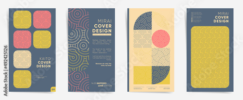 Geometric asian design vertical template set. Japanese bauhaus line art graphic layout for stories, brochure cover, post, flyer, leaflet, background. Decorative retro minimalism pattern backdrops.