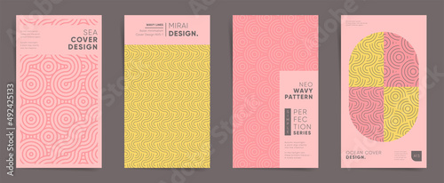 Geometric asian design vertical template set. Japanese wavy line art graphic layout for stories, brochure cover, post, flyer, leaflet, background. Decorative pink sakura elegant pattern backdrops