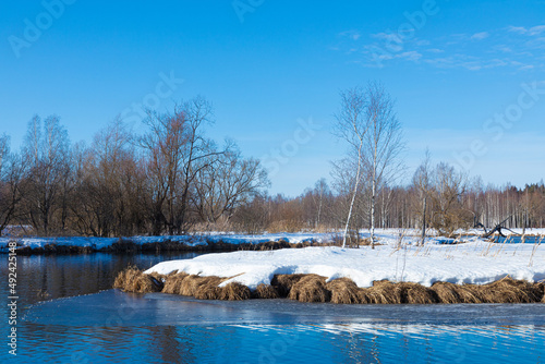 Beautiful bright and vivid landscape of winter or spring landscape of forest or parc with ice and snow in sunny weather