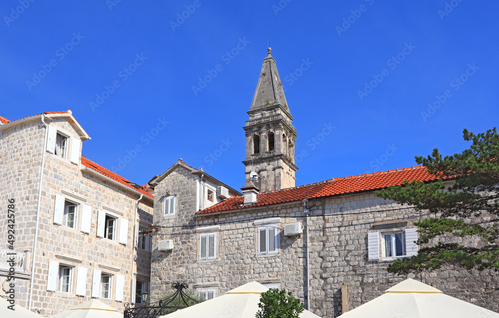Bell tower of Catholic church of Saint Nicholas in Perast in Montenegro