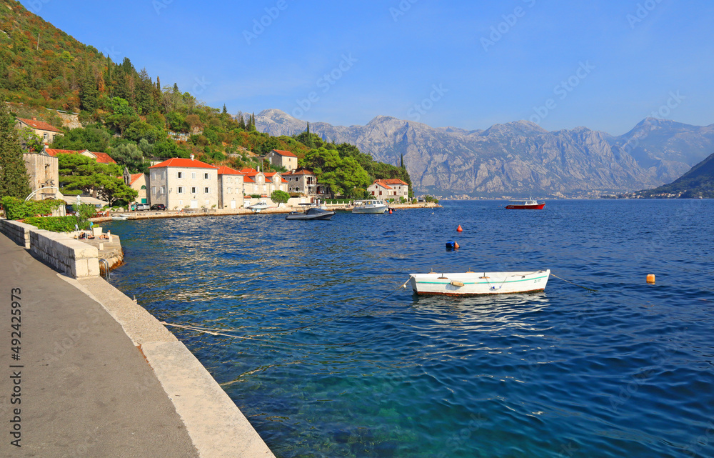 Embankment in sunny day in Perast in Montenegro