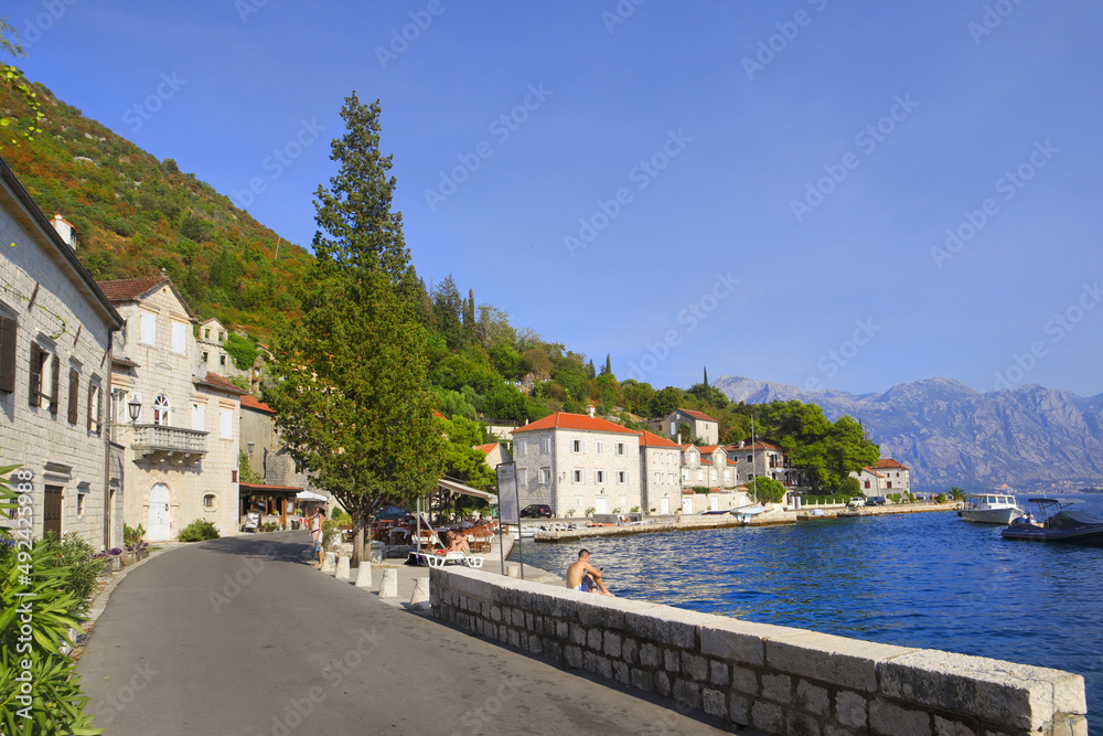 Embankment in sunny day in Perast, Montenegro