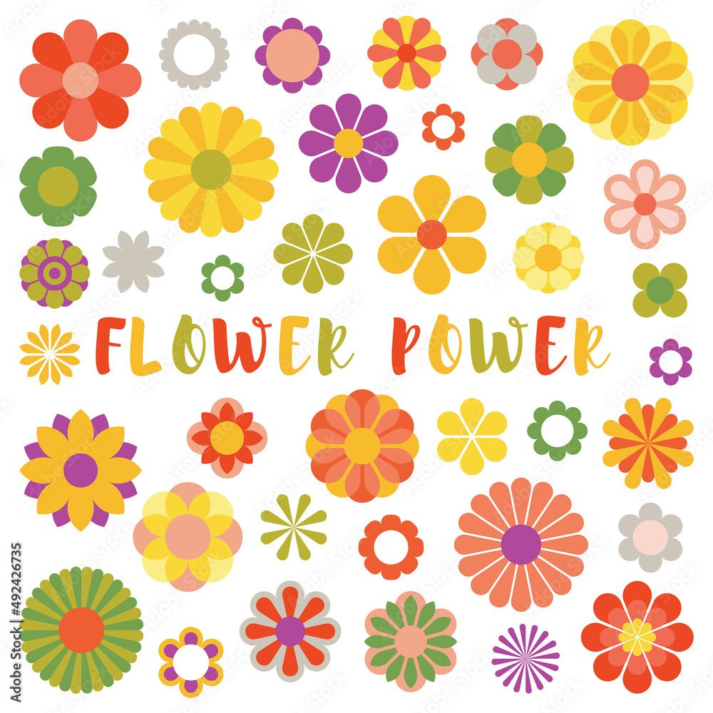 Set of colorful cute geometric flat style flower elements isolated on white.