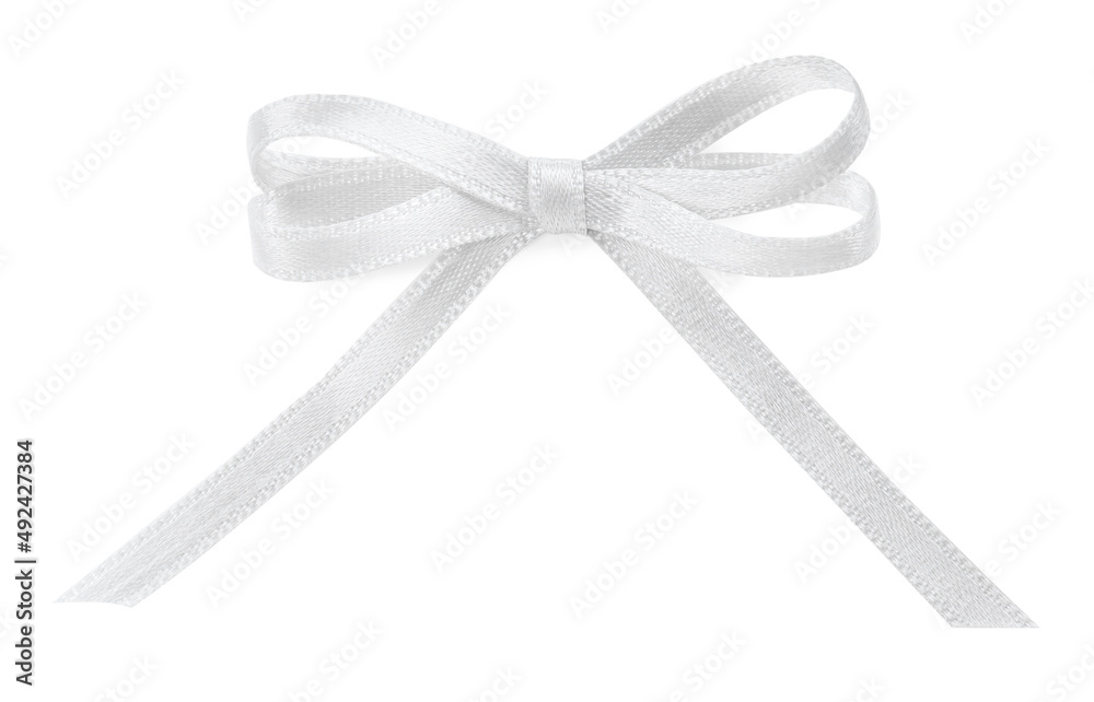 Beautiful silver ribbon tied in bow isolated on white, top view Beautiful silver ribbon tied in bow isolated on white, top view