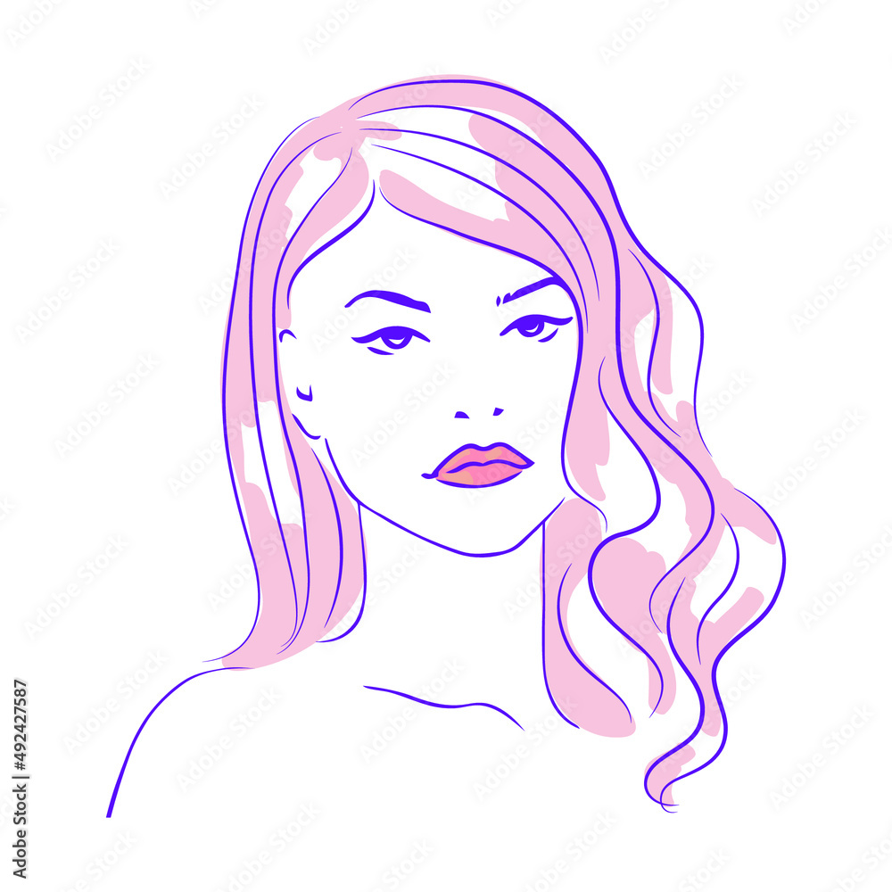 Beautiful woman with curly hair. Isolated vector illustration