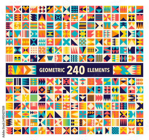 Set of 240 trendy abstract triangles shape geometric elements for backgrounds and seamless patterns. 