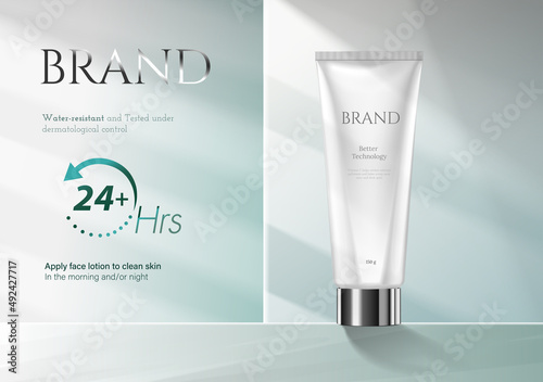 Cream cosmetic cream on a white stage with light purple background plant in 3d illustration. Beauty cream ads template.