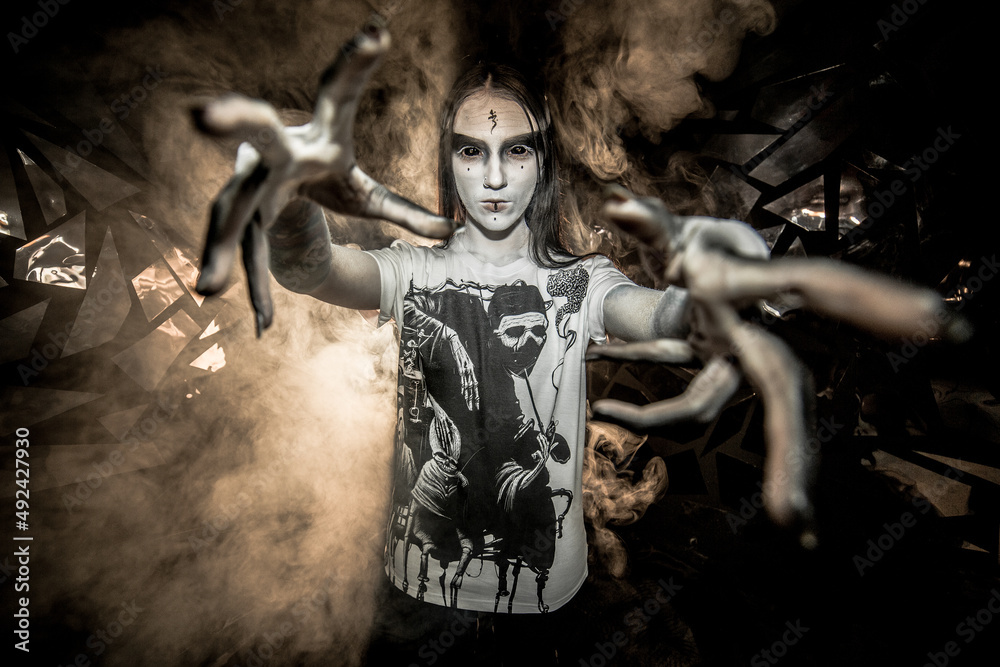 the sorceress stands in the smoke. voodoo rite