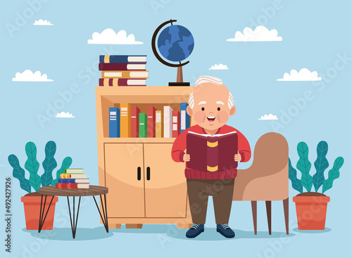 grandfather studing in library