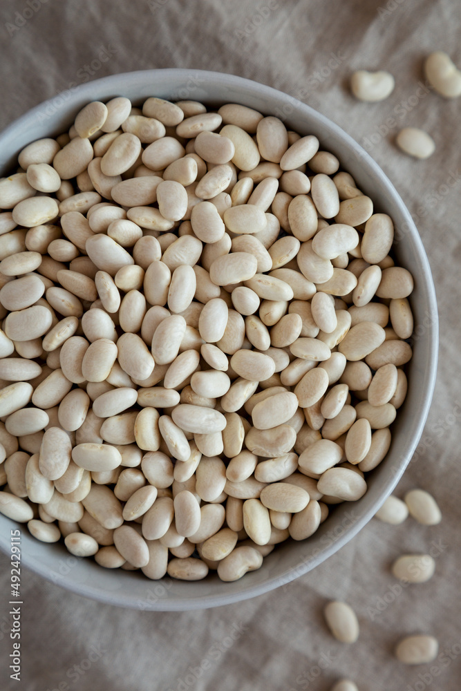 Raw Organic Dry White Beans in a Gray Bowl, top view. Flat lay, overhead, from above. Raw Organic Dry White Beans in a Gray Bowl, top view. Flat lay, overhead, from above.