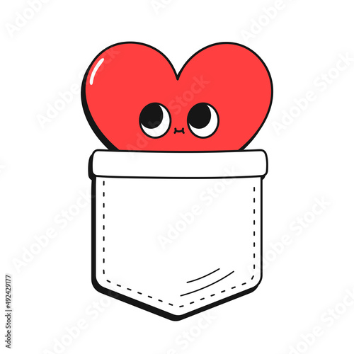 Cute funny heart in pocket t-shirt print.Vector cartoon doodle line style character logo illustration design.Isolated on white background. Funny vintage heart print for pocket t-shirt,clothing concept