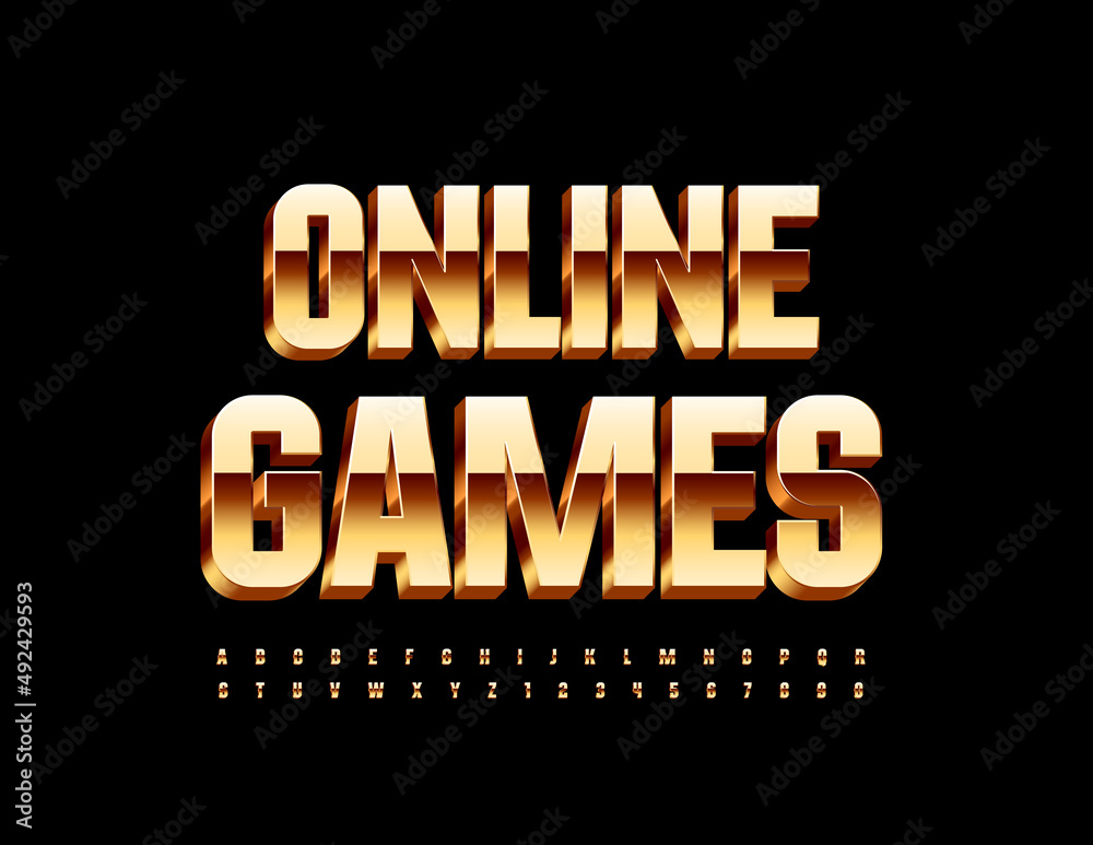 Vector luxury Emblem Online Game.  Golden 3D Font. Artistic Alphabet Letters and Number.
