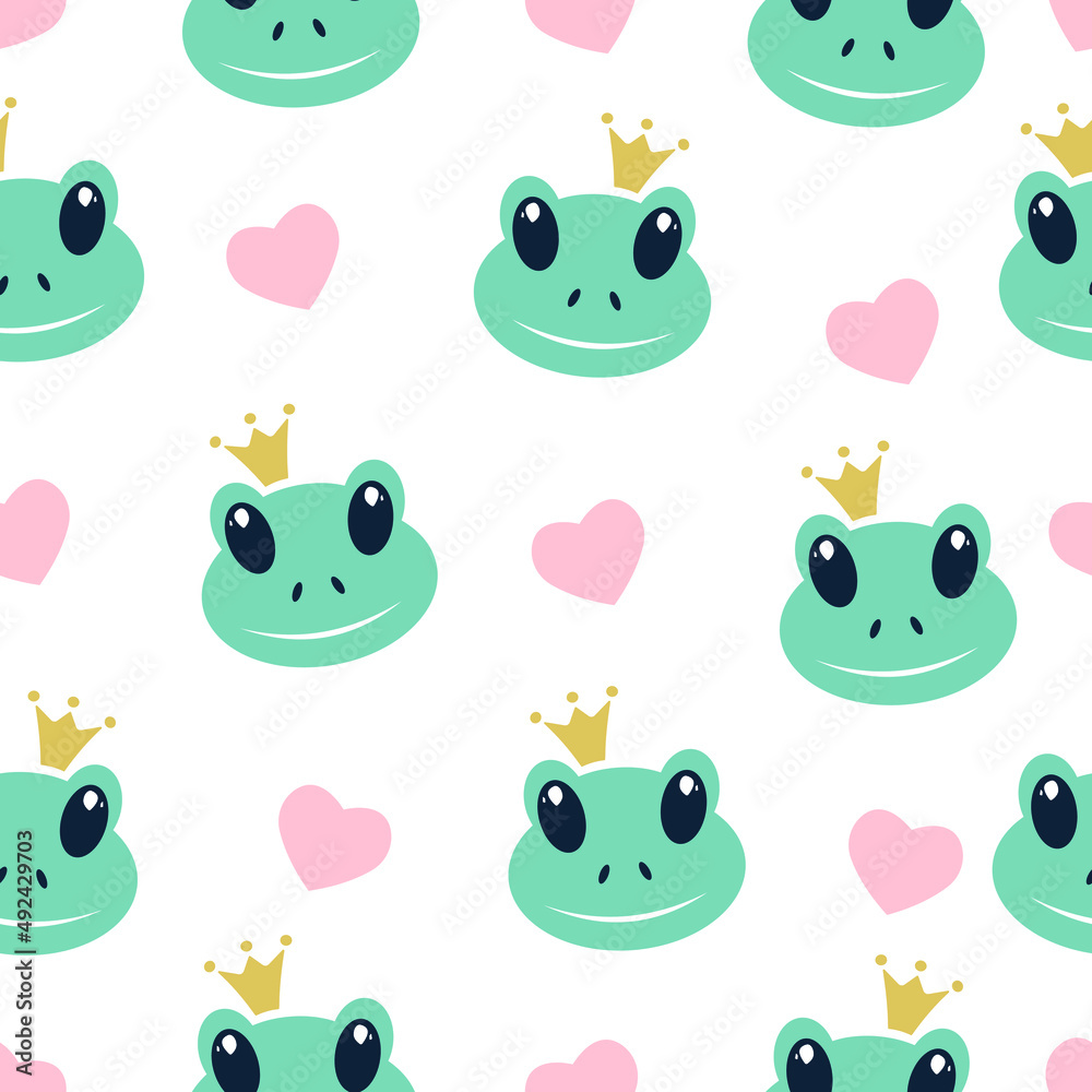 Cute cartoon frogs seamless pattern. Frog princess with a crown. Funny animal faces. Kids print. Vector illustration.