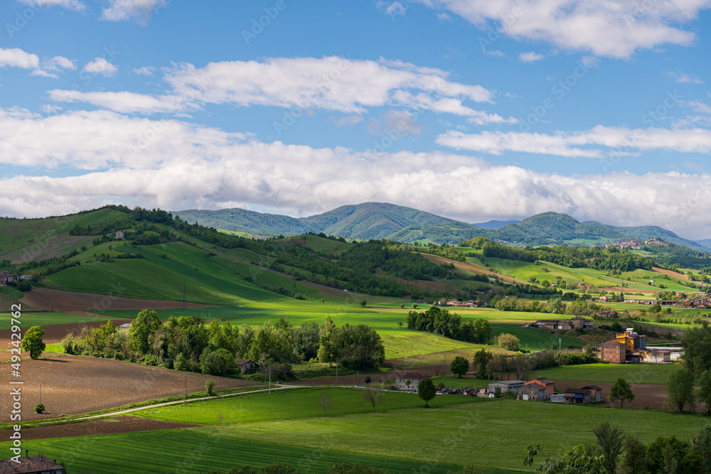 View of the cultivated Emilian hills, Italy.