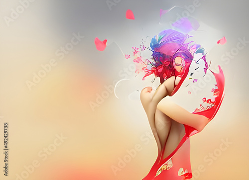 A 3d digital rendering ofa surreal woman with flowers and hearts.