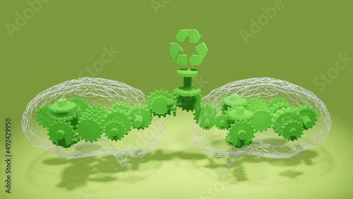 Renewable energy Ideas from thinking together. Human brains with gearwheels combined together to solve global environmental issues. Loop of 3D render ecology animation.