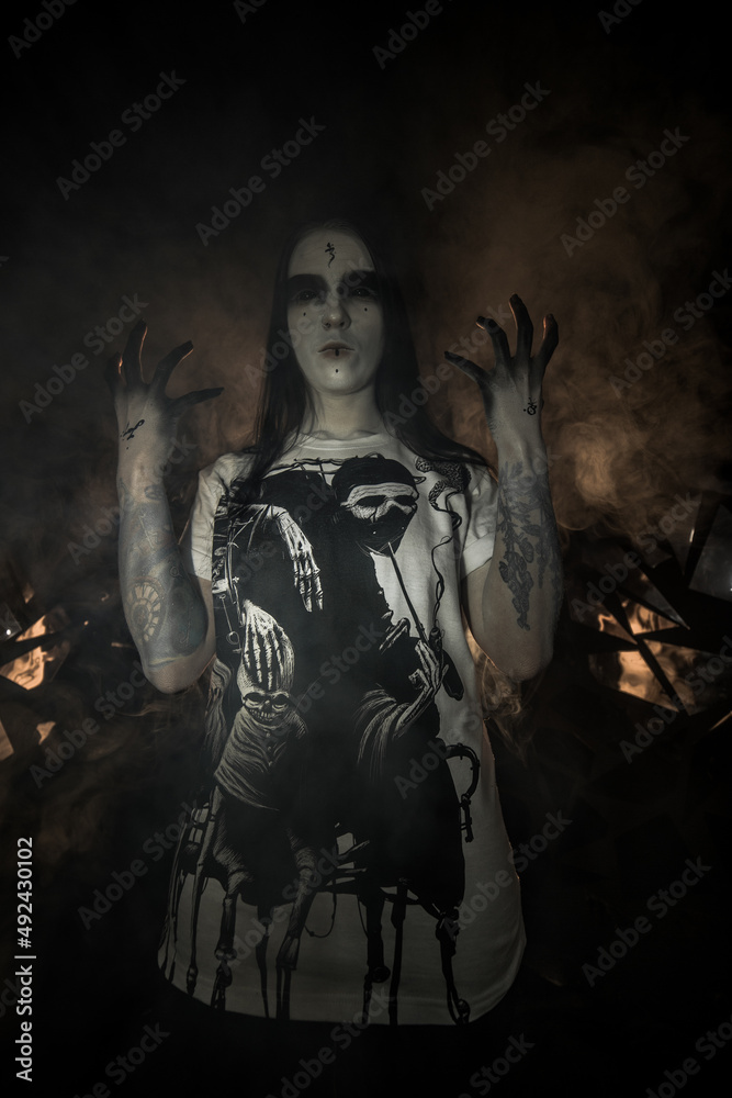 Fototapeta premium the sorceress stands in the smoke. voodoo rite