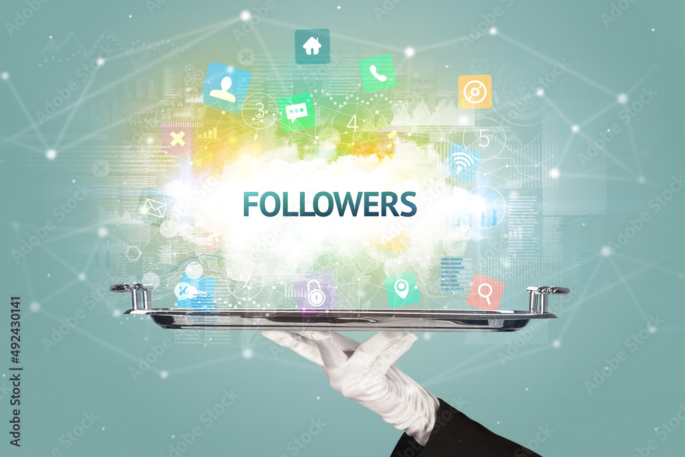 Waiter serving social networking concept Waiter serving social networking concept