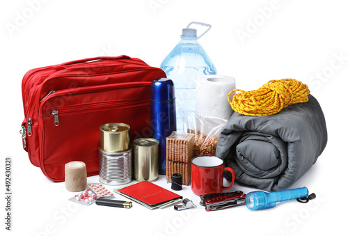 Disaster supply kit for earthquake on white background photo