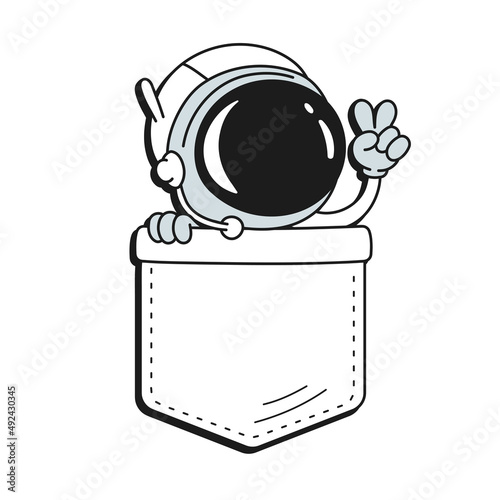 Astronaut in pocket t-shirt print.Vector cartoon doodle line style character logo illustration design.Isolated on white background. Funny vintage astronaut print for pocket t-shirt,clothing concept