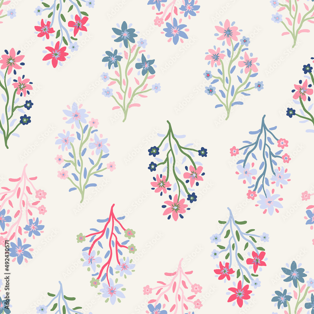 Hand drawn flowers with leaves seamless repeat pattern. Vector botany plants all over print on white background.