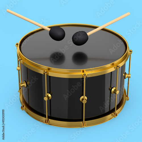 Realistic drum and wooden drum sticks on blue. 3d render of musical instrument