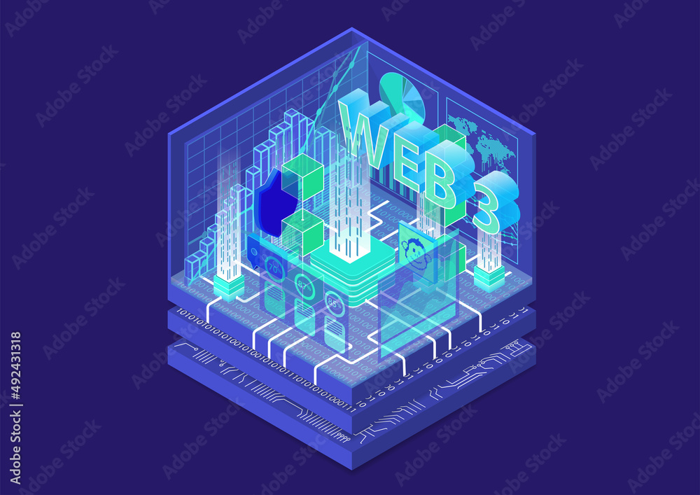 Web 3.0 isometric vector infographic. Dark design with glowing objects ...