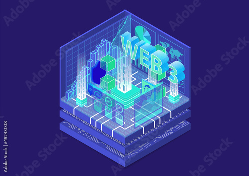 Web 3.0 isometric vector infographic. Dark design with glowing objects.