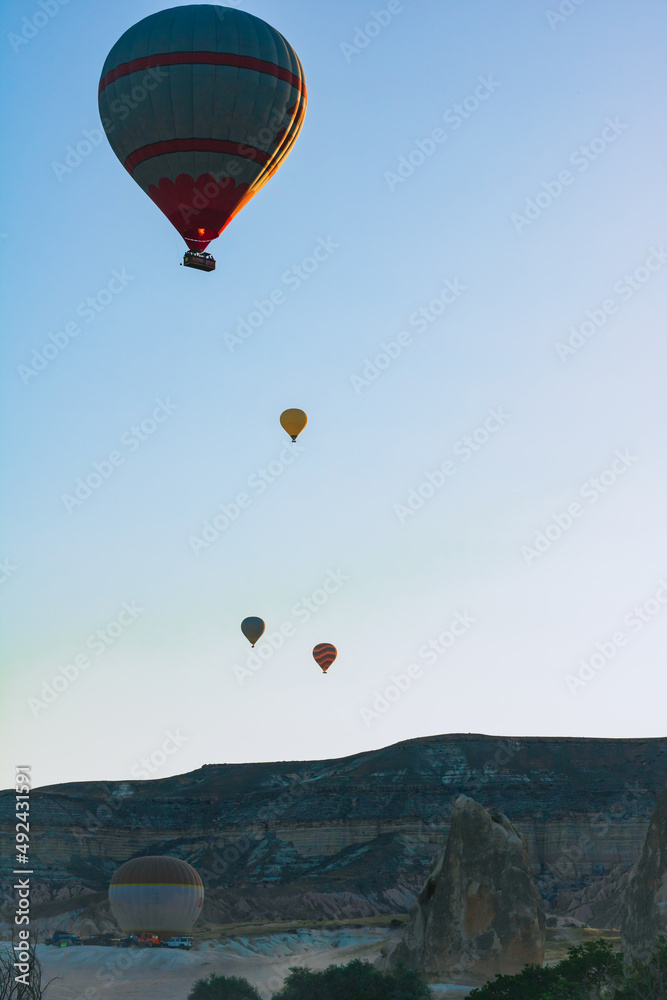Fototapeta premium Hot air balloons at sunrise in Cappadocia vertical photo.