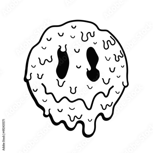 Funny psychedelic surreal melt smile face logo.Vector cartoon character illustration logo.Smile yellow groovy face melt print for t-shirt,poster,card concept. Line art page for coloring book.