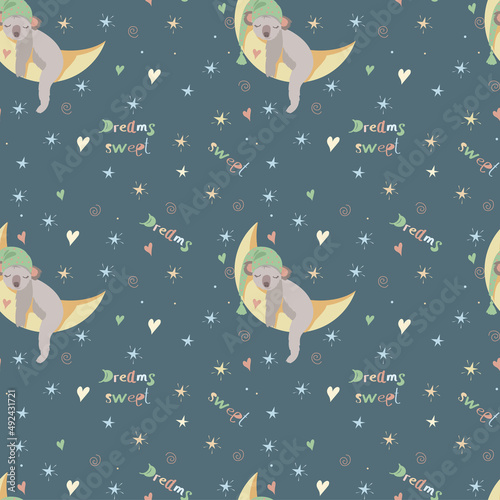 Baby pattern koala in a cap sleeps on the moon on a dark background