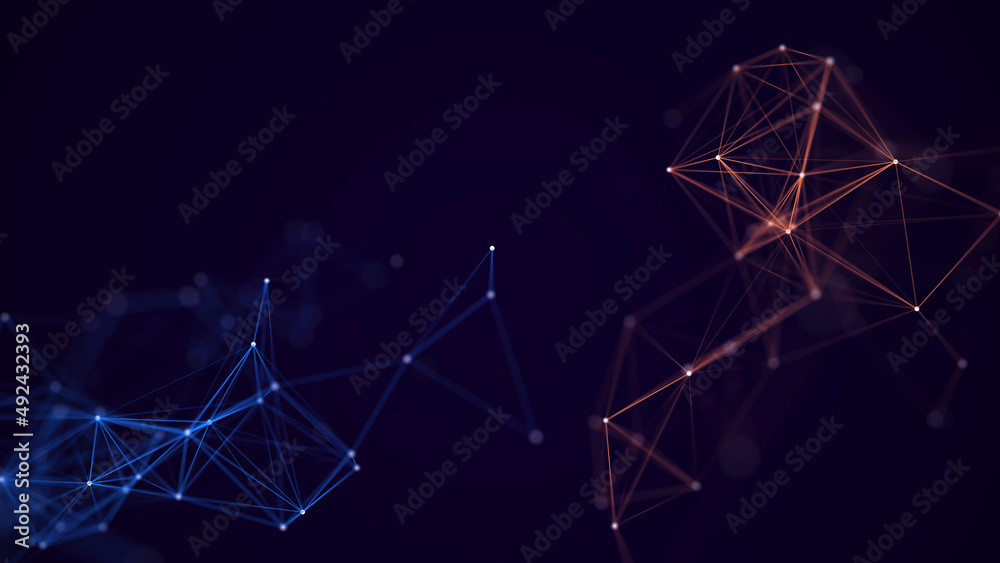 Network concept with lines and dots. Abstract digital background. The distribution of triangular shapes in space. 3D rendering.