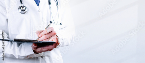 Clipboard medical background. Happy nurse in blue gloves, clipboard hospital wearing scrubs, provide checkup, examine patient in clinic. Diagnostic, prevention of women diseases, healthcare banner.