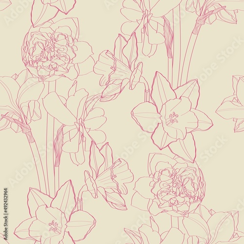 Seamless delicate pattern with spring line flowers. Bright spring daffodils illustration.
