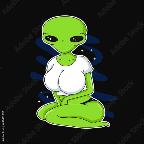 Lady alien. Vector hand drawn doodle line cartoon illustration. Alien sexy print for t-shirt, poster,sticker,cover,badge concept